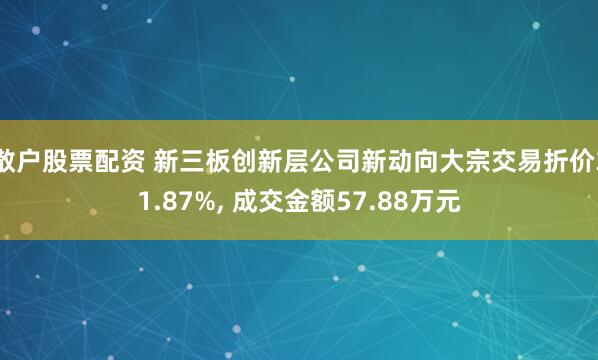 散户股票配资 新三板创新层公司新动向大宗交易折价31.87%, 成交金额57.88万元